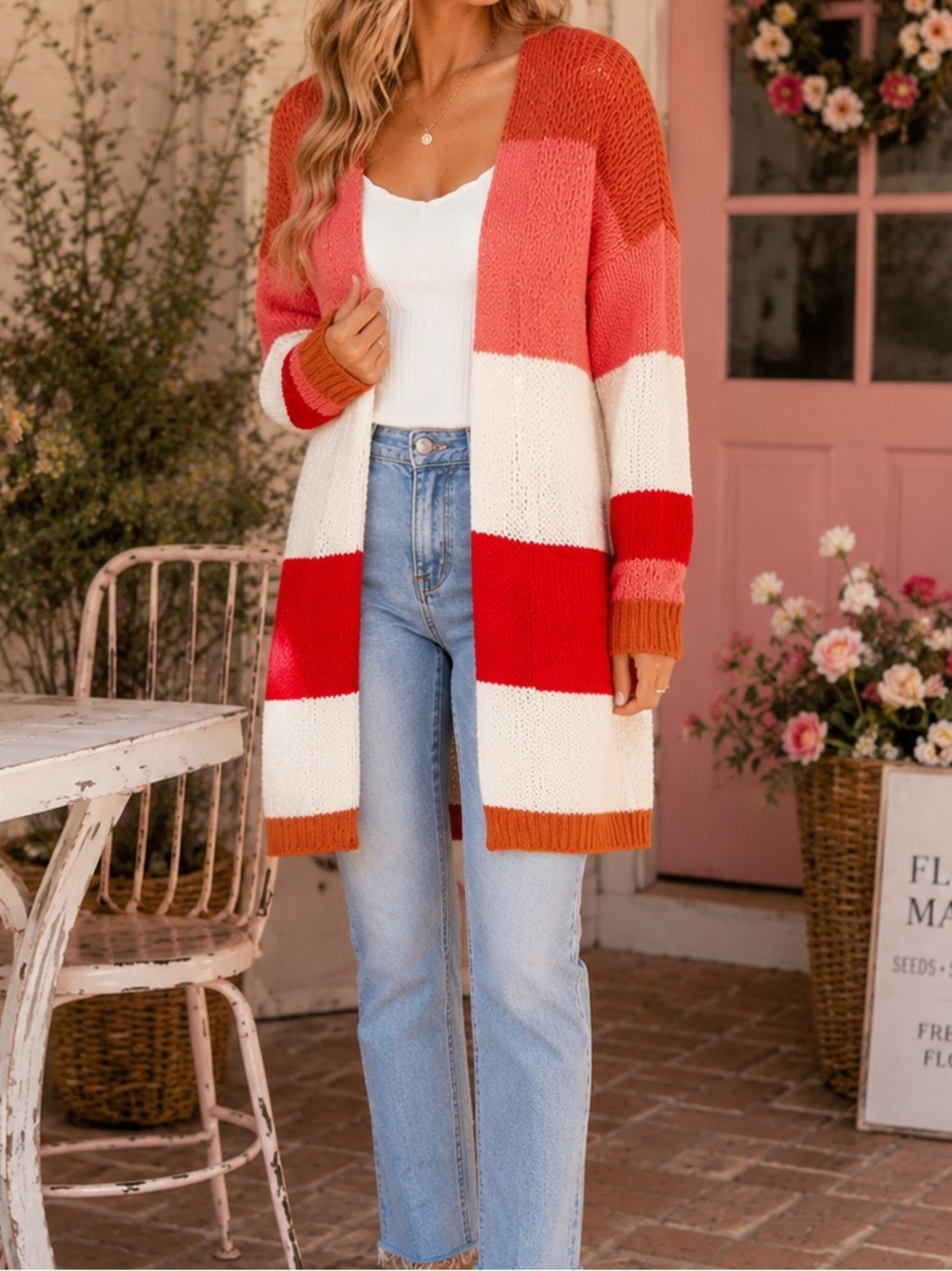 Pink Lily Boutique Colorblock Chunky Stripe Knitted Tunic Length Long Cardigan